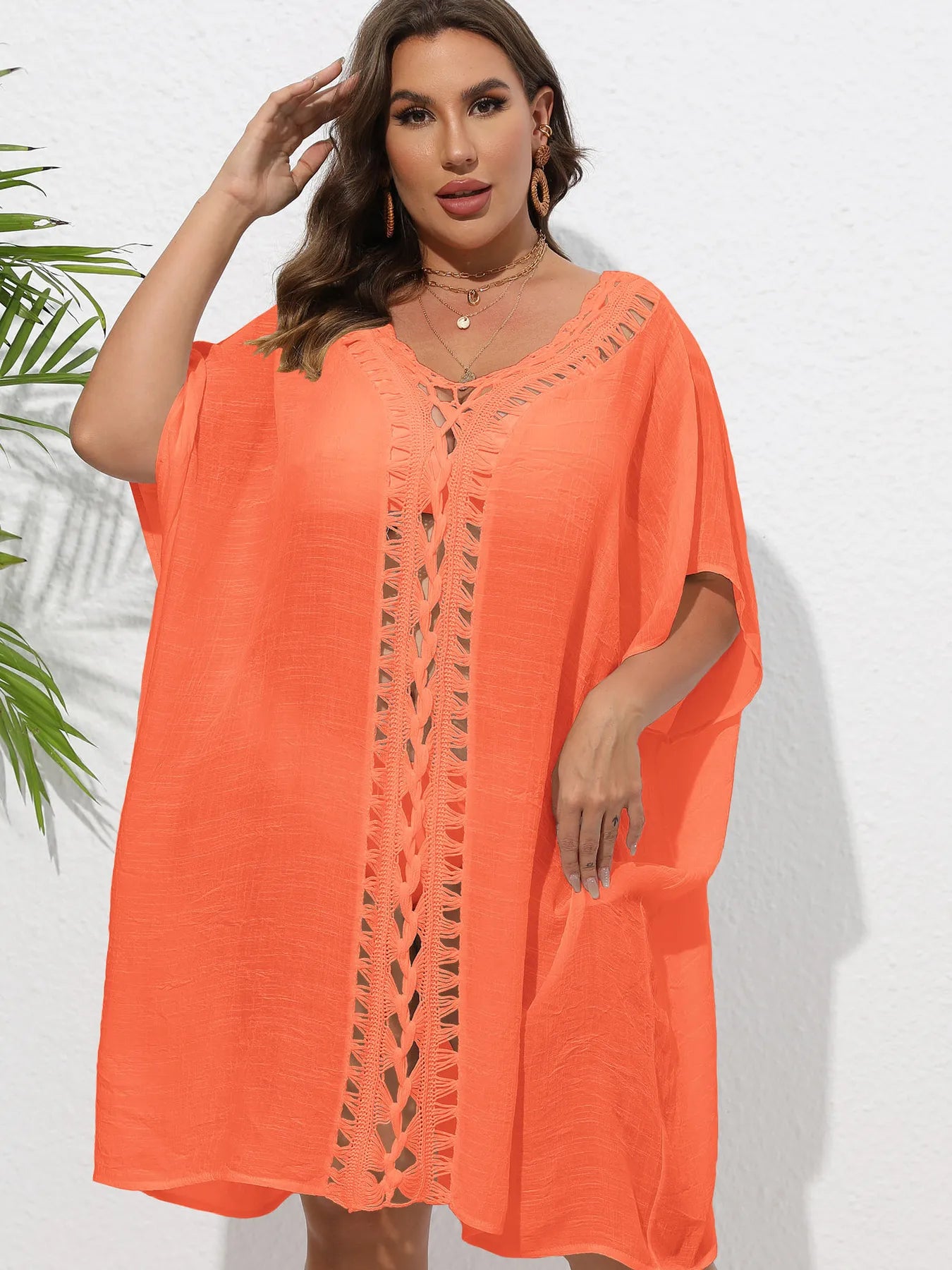Crochet Trim V-Neck Beach Cover Up Dress with Cutout and Lace.
