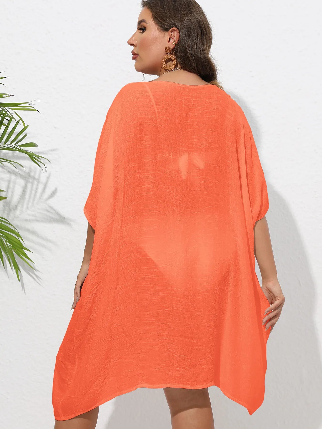 Crochet Trim V-Neck Beach Cover Up Dress with Cutout and Lace.