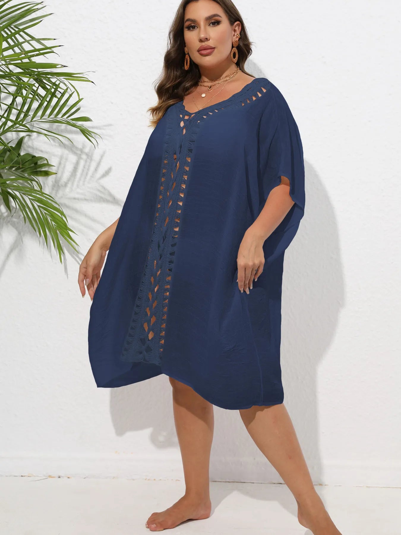 Crochet Trim V-Neck Beach Cover Up Dress with Cutout and Lace.