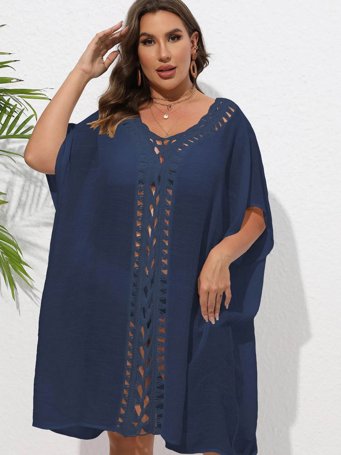Crochet Trim V-Neck Beach Cover Up Dress with Cutout and Lace.