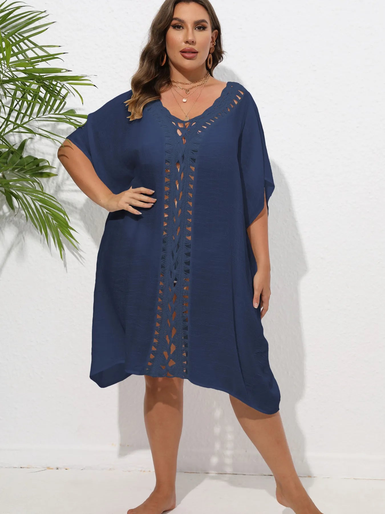 Crochet Trim V-Neck Beach Cover Up Dress with Cutout and Lace.