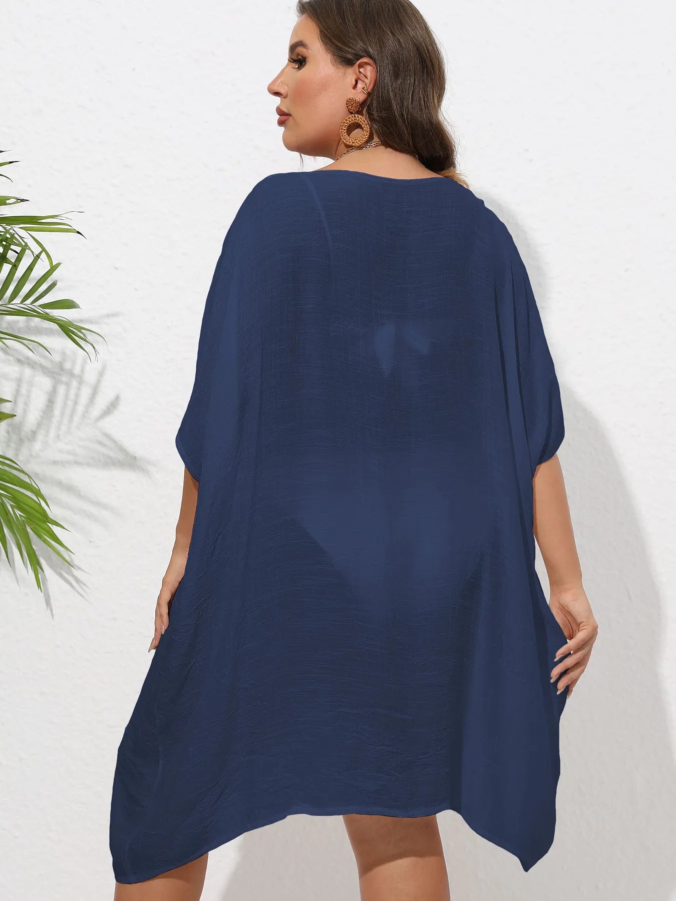 Crochet Trim V-Neck Beach Cover Up Dress with Cutout and Lace.