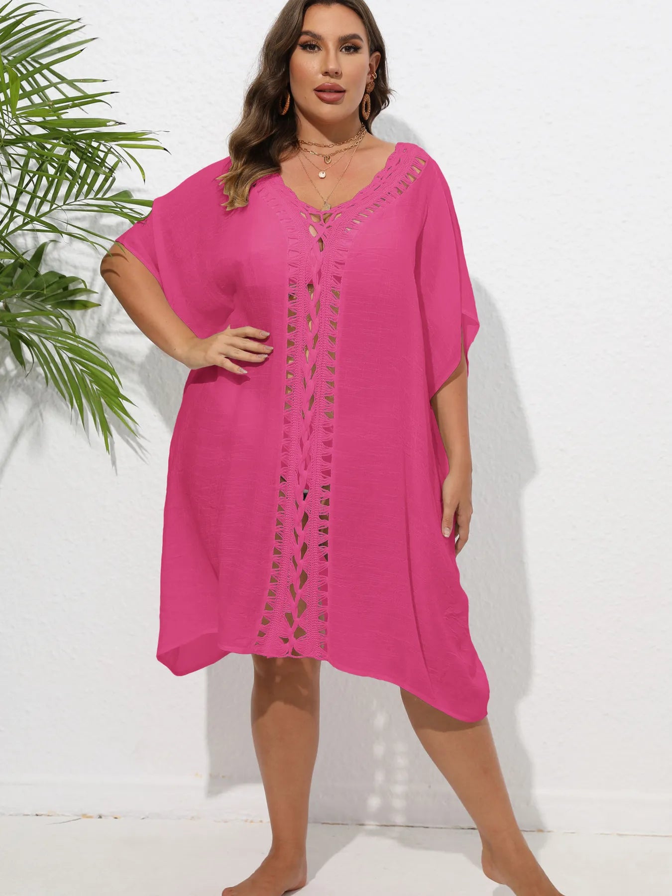 Crochet Trim V-Neck Beach Cover Up Dress with Cutout and Lace.
