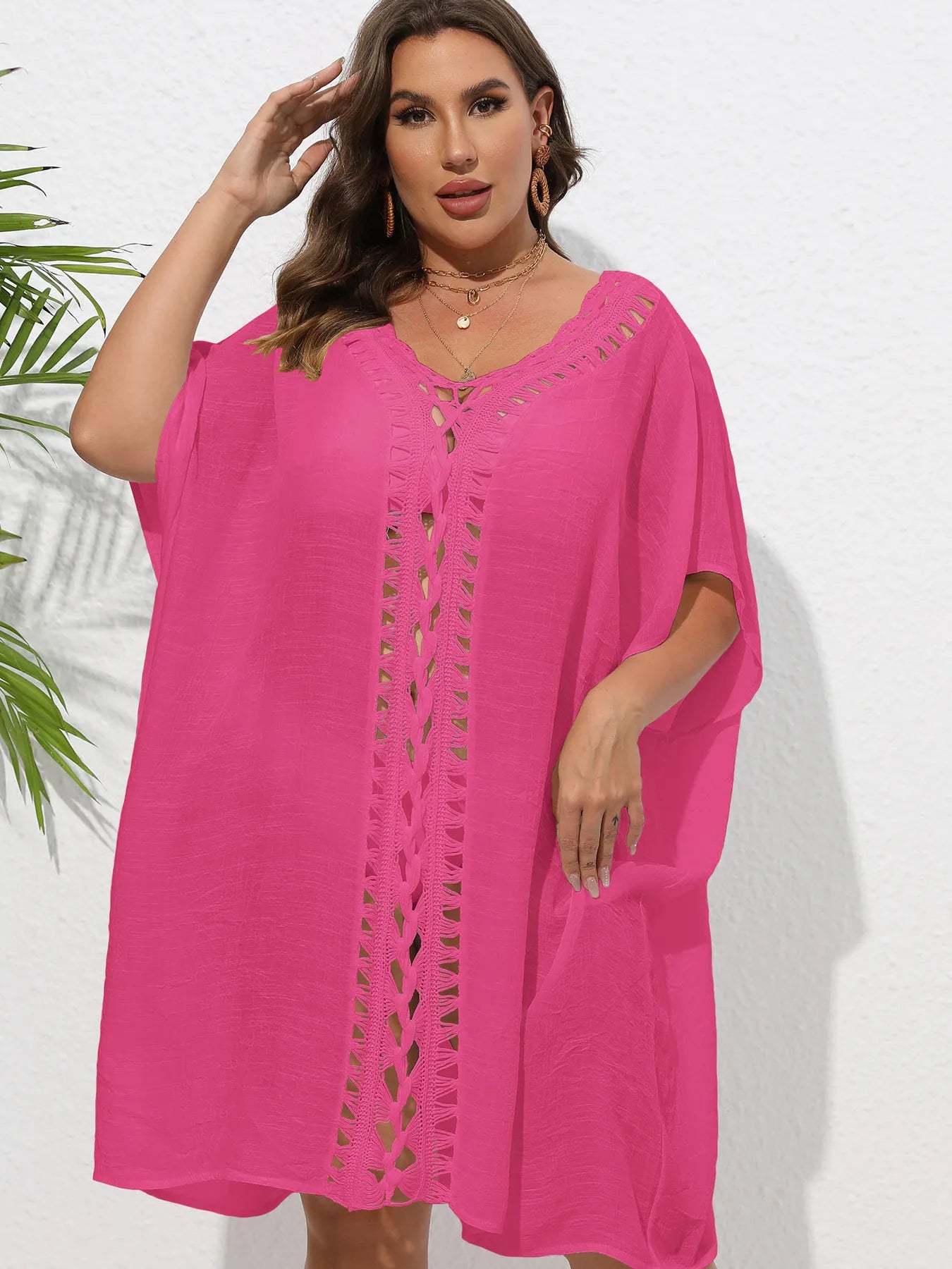 Crochet Trim V-Neck Beach Cover Up Dress with Cutout and Lace.