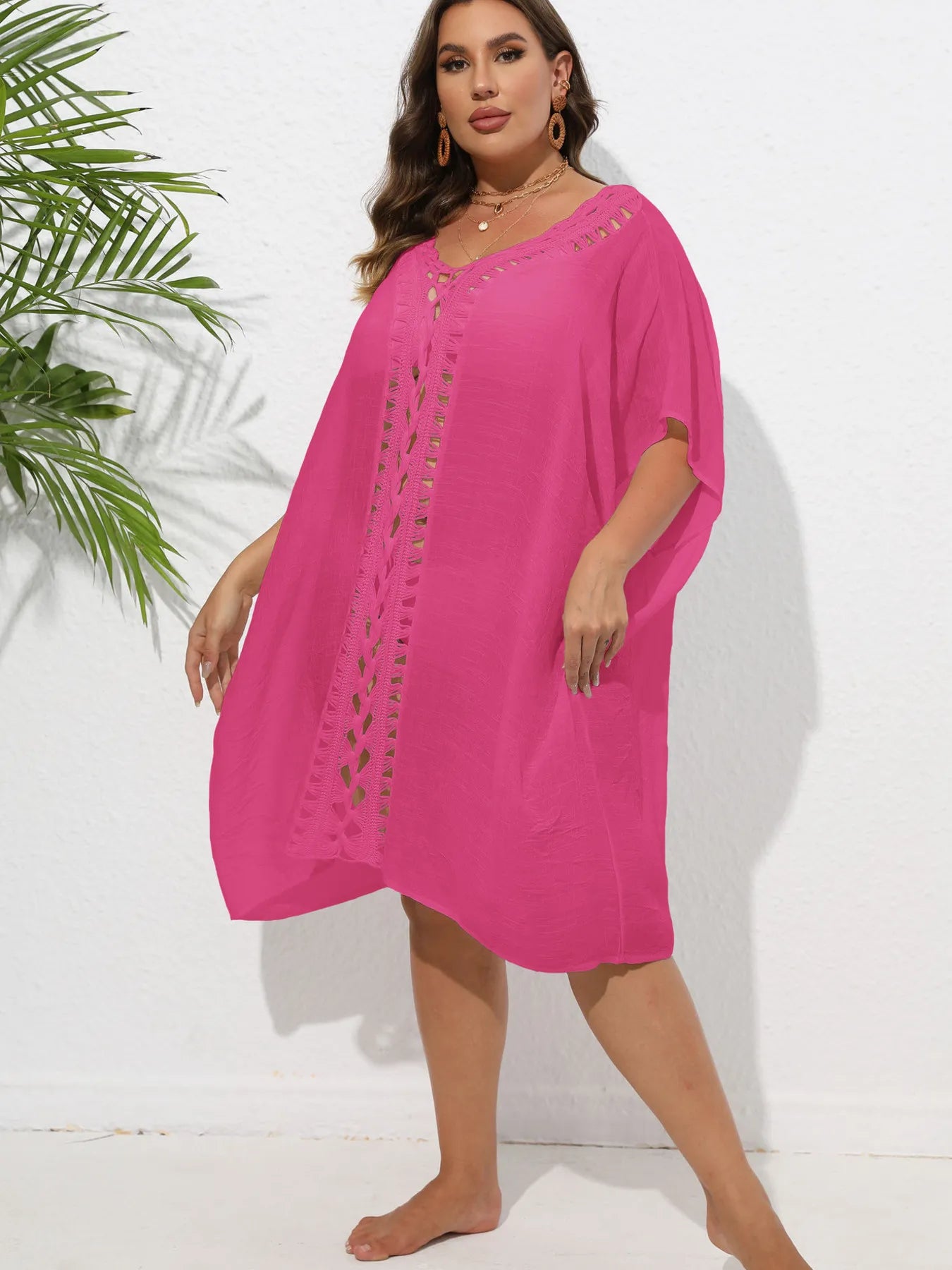 Crochet Trim V-Neck Beach Cover Up Dress with Cutout and Lace.