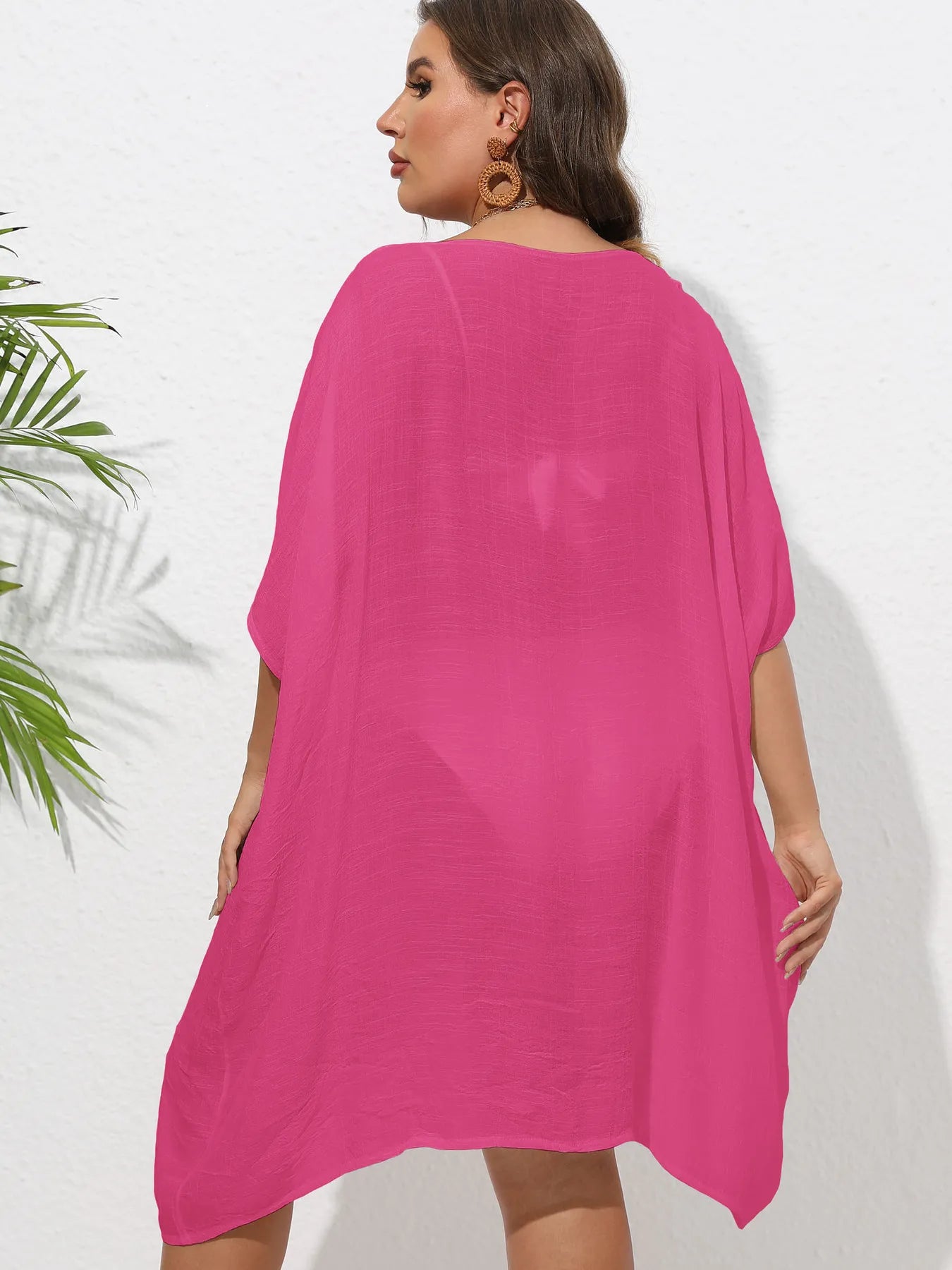 Crochet Trim V-Neck Beach Cover Up Dress with Cutout and Lace.