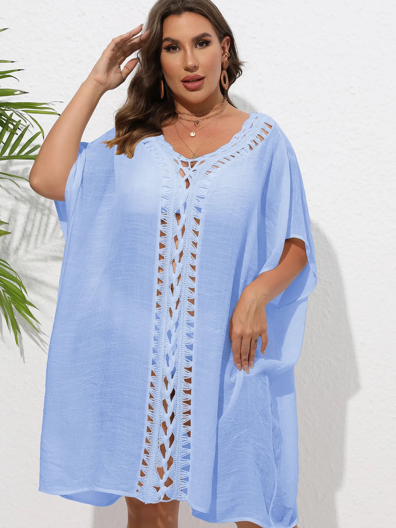 Crochet Trim V-Neck Beach Cover Up Dress with Cutout and Lace.