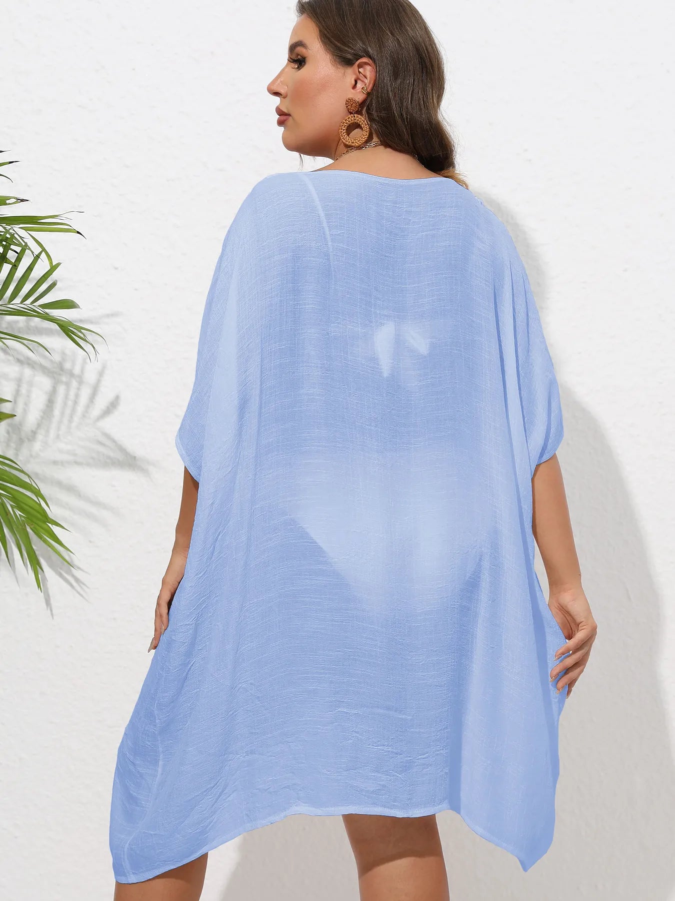 Crochet Trim V-Neck Beach Cover Up Dress with Cutout and Lace.