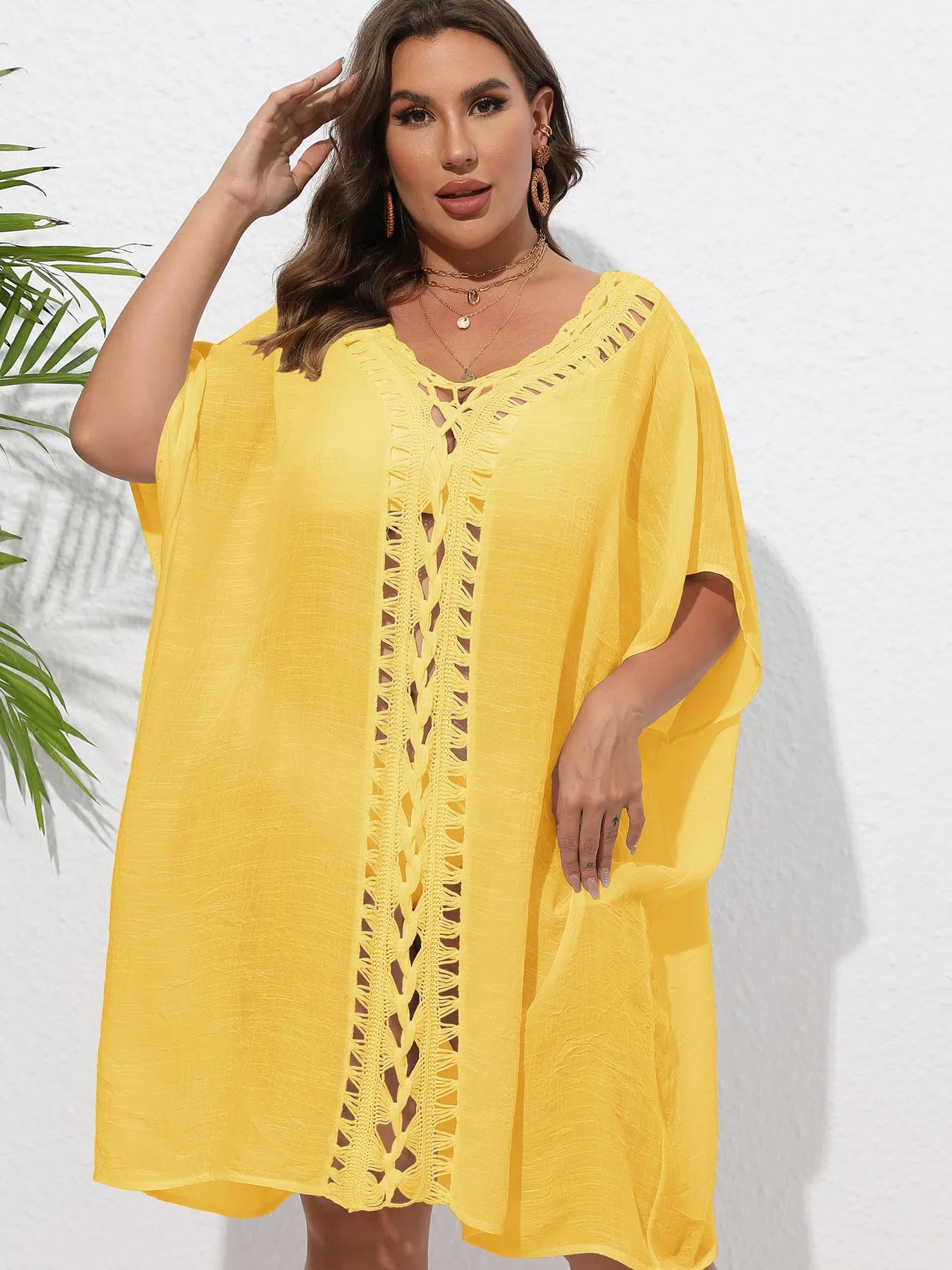 Crochet Trim V-Neck Beach Cover Up Dress with Cutout and Lace.