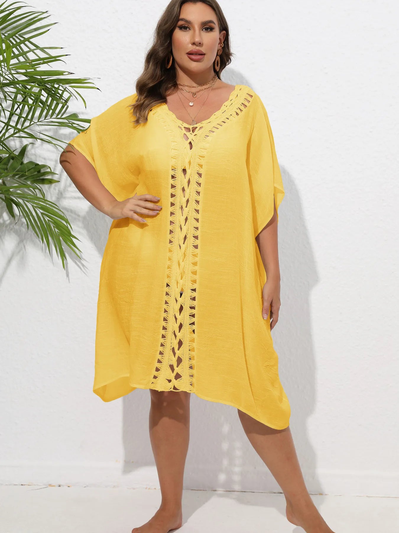 Crochet Trim V-Neck Beach Cover Up Dress with Cutout and Lace.