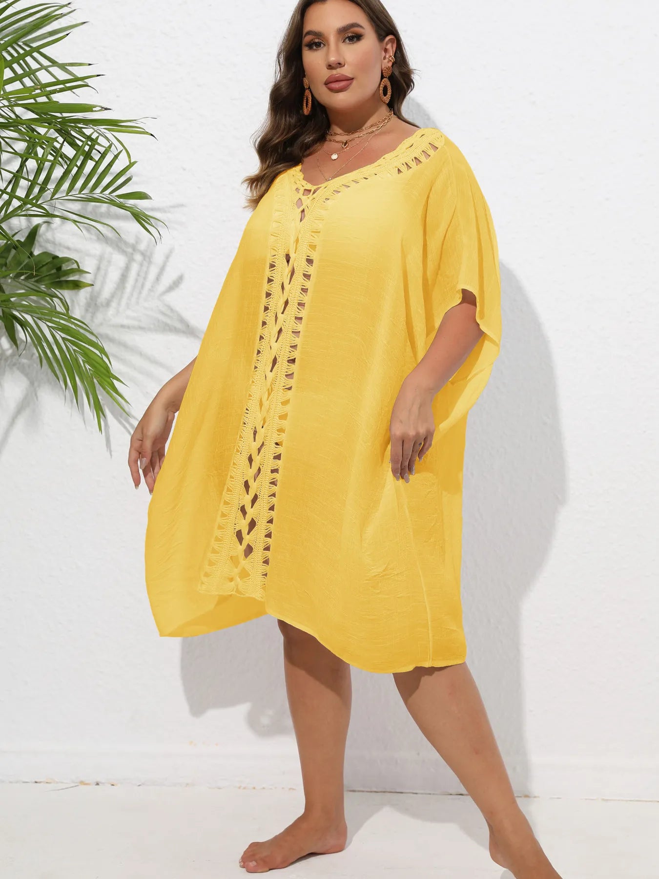 Crochet Trim V-Neck Beach Cover Up Dress with Cutout and Lace.