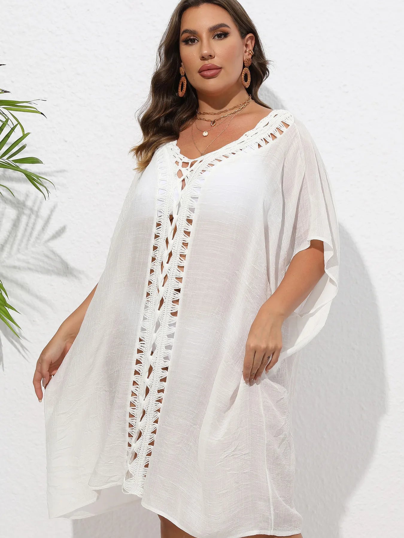 Crochet Trim V-Neck Beach Cover Up Dress with Cutout and Lace.