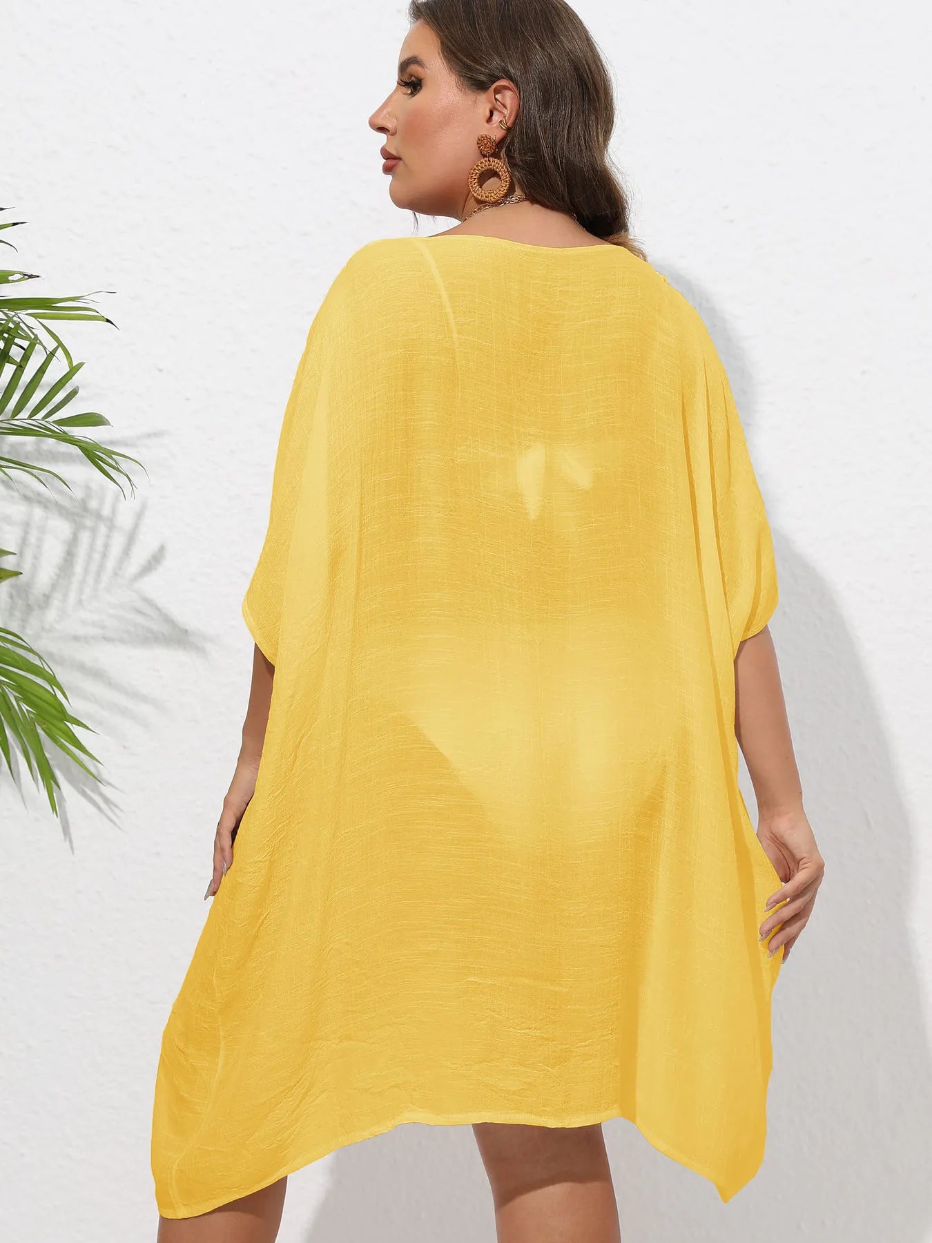 Crochet Trim V-Neck Beach Cover Up Dress with Cutout and Lace.