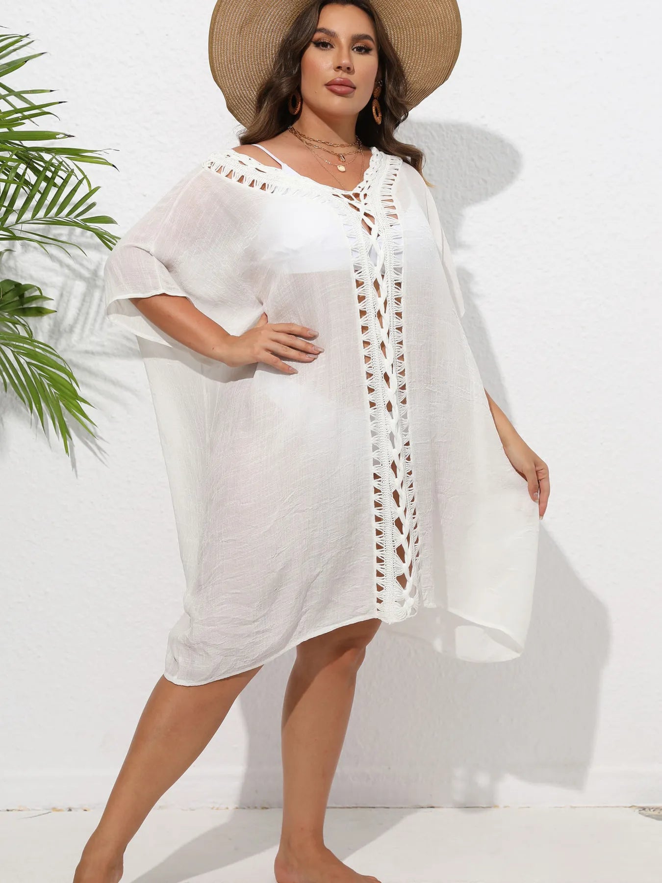 Crochet Trim V-Neck Beach Cover Up Dress with Cutout and Lace.