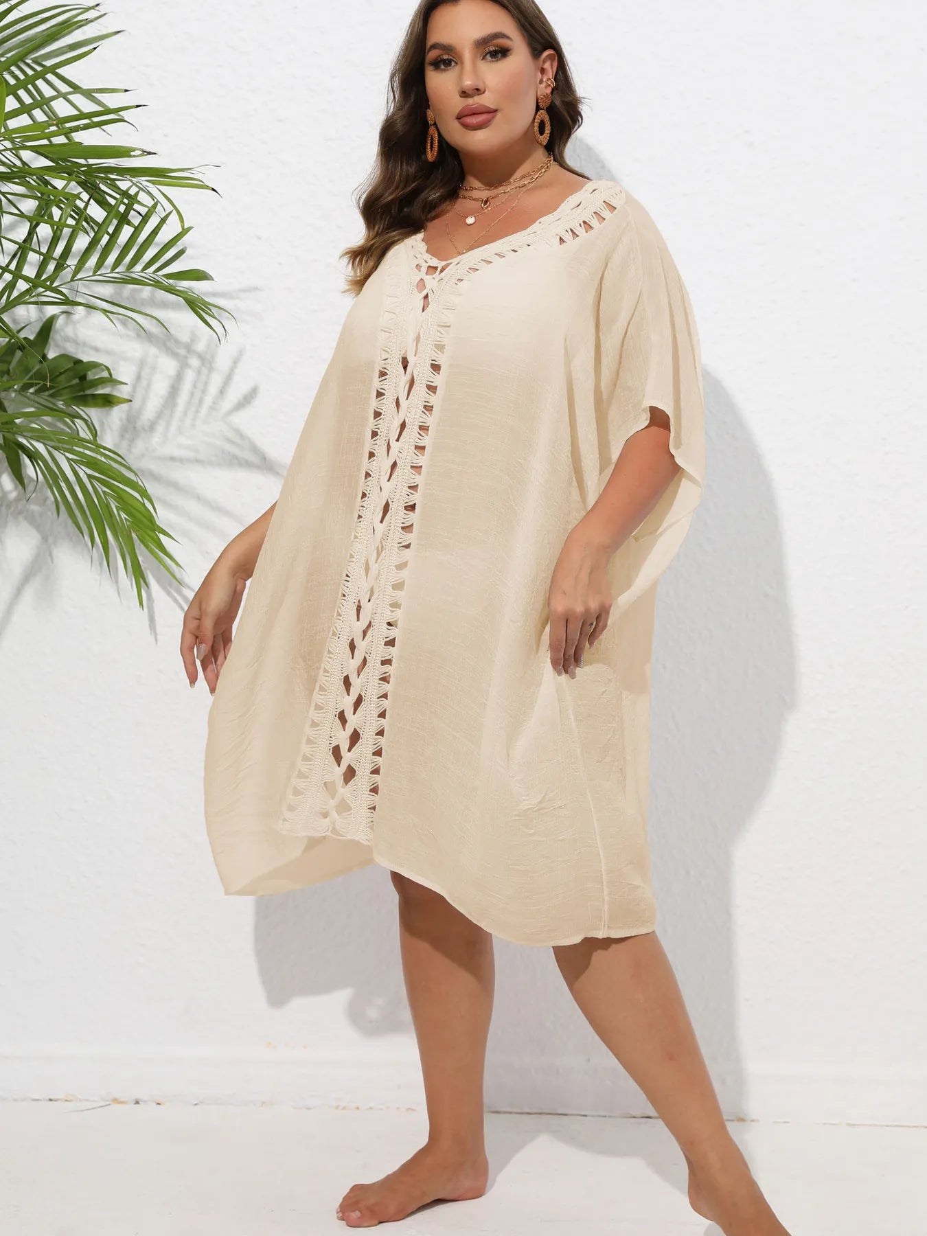 Crochet Trim V-Neck Beach Cover Up Dress with Cutout and Lace.