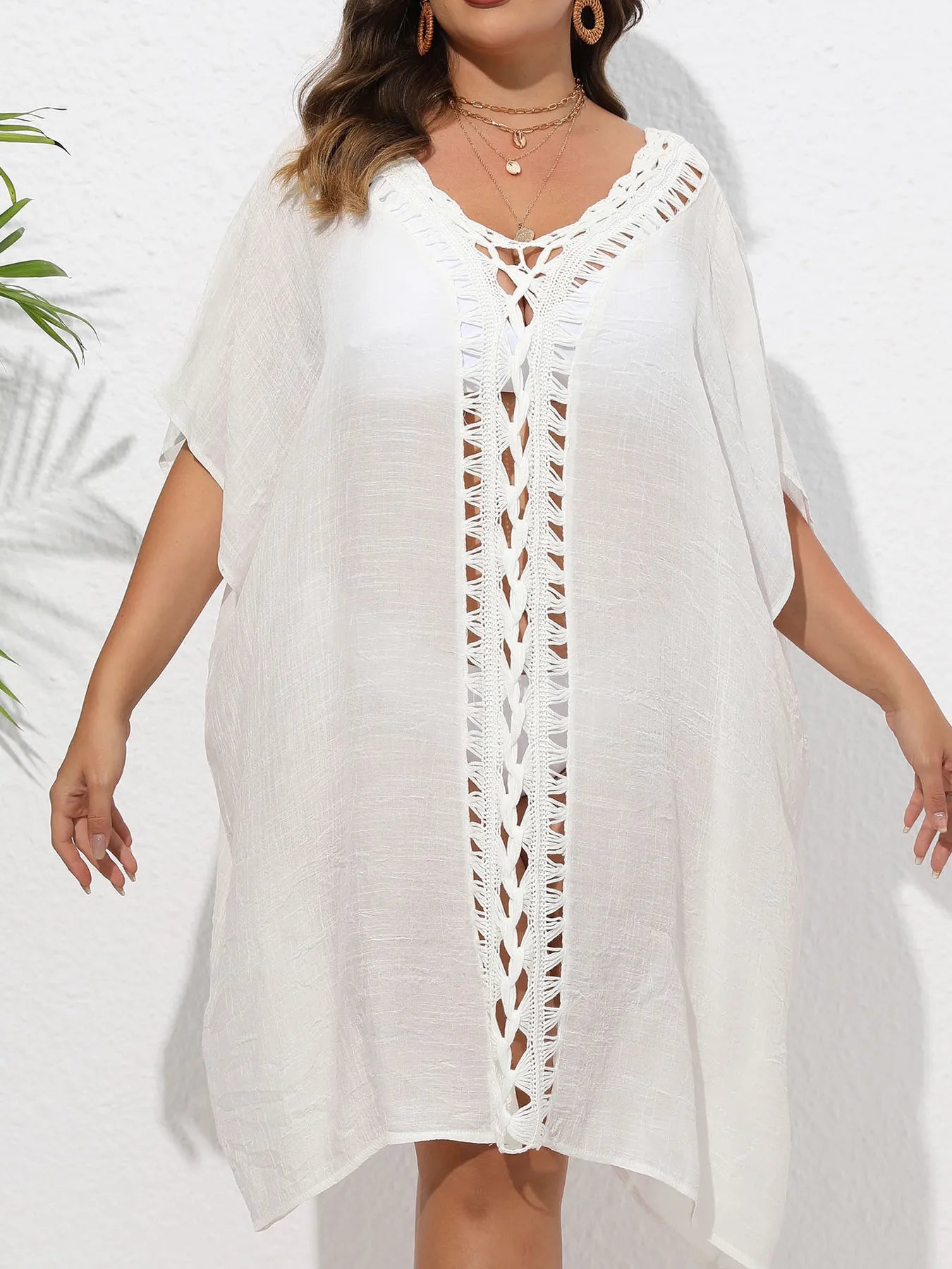 Crochet Trim V-Neck Beach Cover Up Dress with Cutout and Lace.