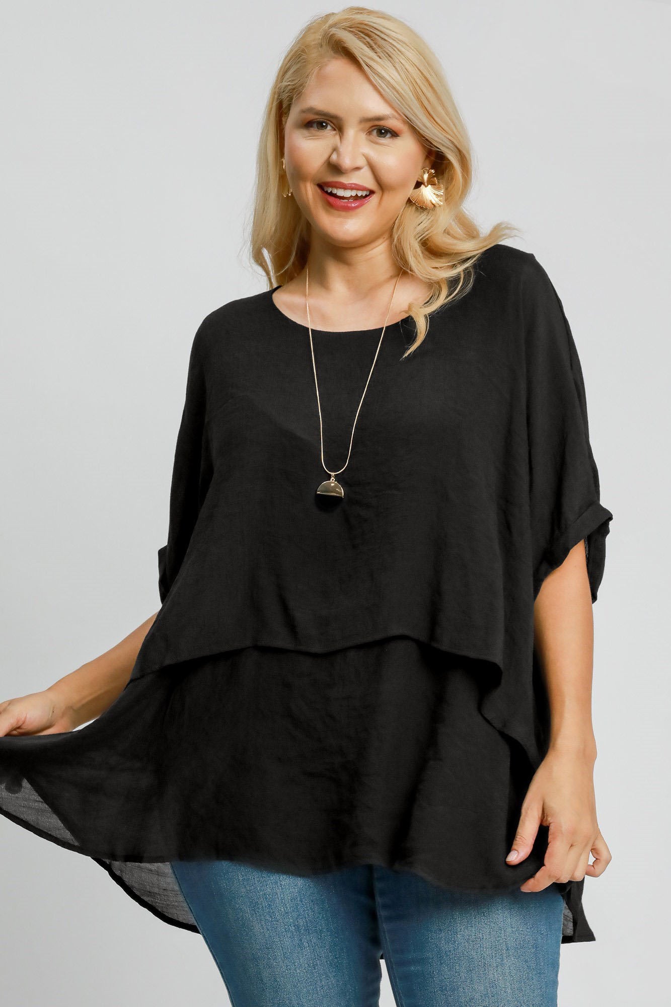 Umgee full size cuffed half sleeve layered top, plus size.