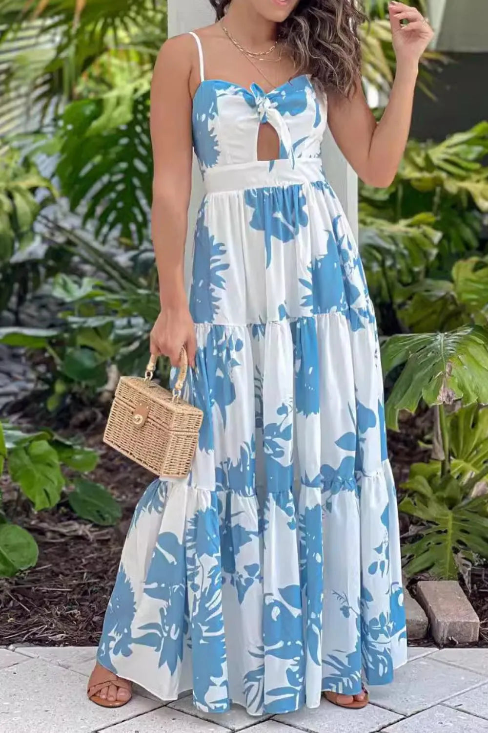Cut-Out Sweetheart Neck Maxi Dress with Tied and Tiered Details.