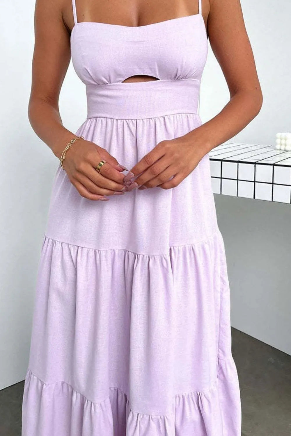 Perfee Decor Button Printed Sleeveless Tiered Midi Dress.