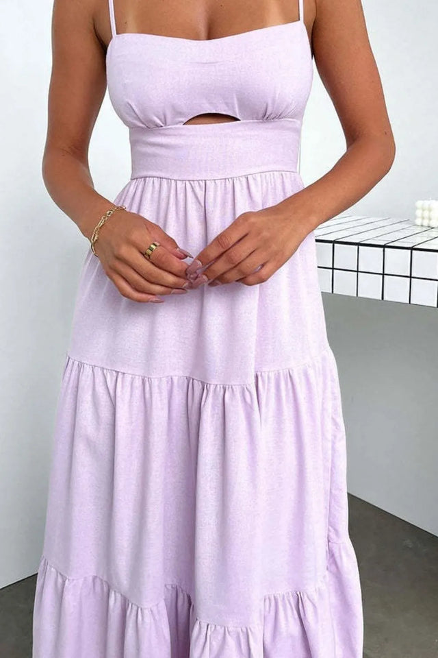 Perfee Decor Button Printed Sleeveless Tiered Midi Dress.