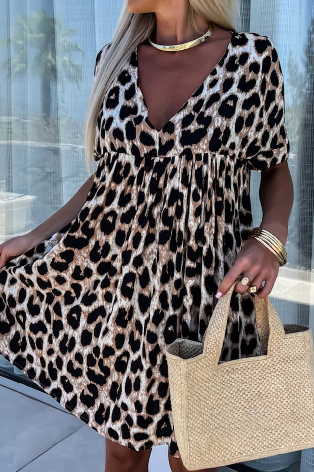 Cutout Back Leopard V-Neck Short Sleeve Mini Dress.