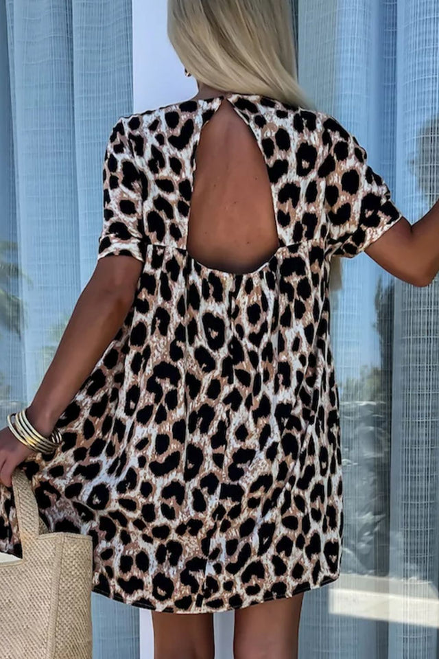Cutout Back Leopard V-Neck Short Sleeve Mini Dress.