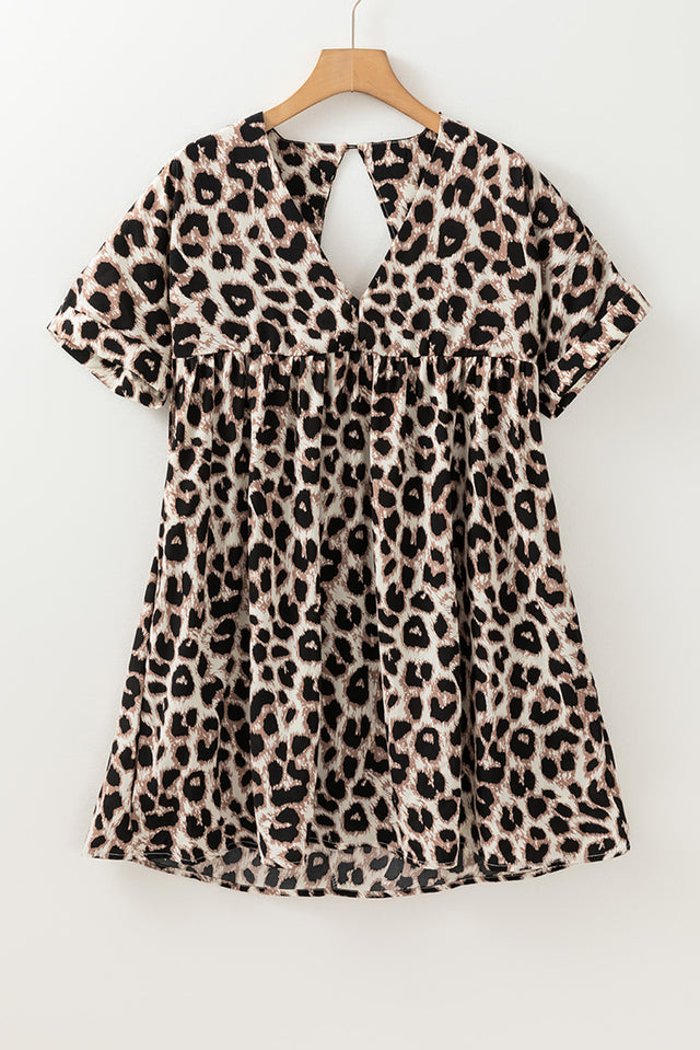 Cutout Back Leopard V-Neck Short Sleeve Mini Dress.