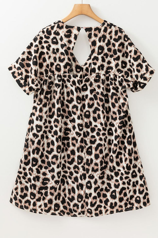Cutout Back Leopard V-Neck Short Sleeve Mini Dress.