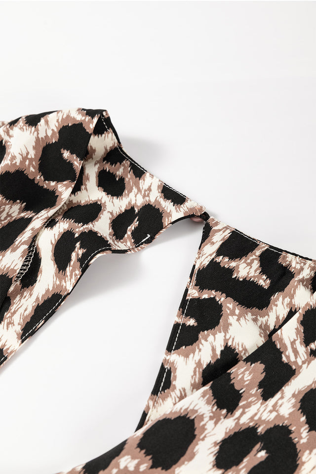 Cutout Back Leopard V-Neck Short Sleeve Mini Dress.