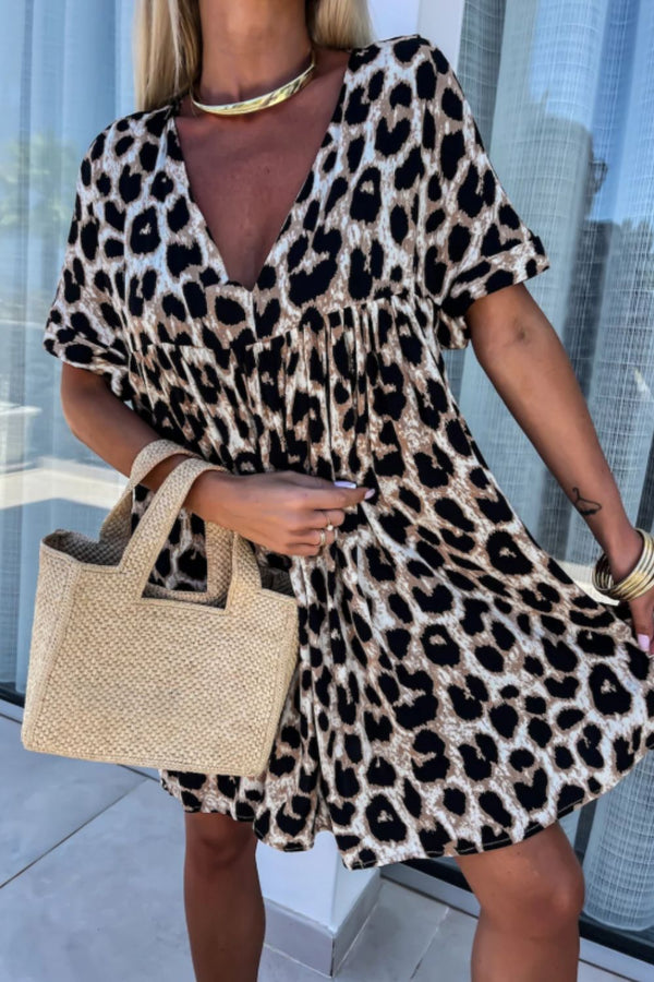 Cutout Back Leopard V-Neck Short Sleeve Mini Dress.