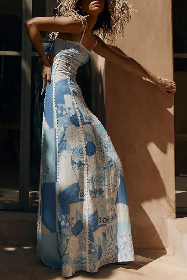 Cutout Back Printed Square Neck Maxi Dress with Tied Detail.