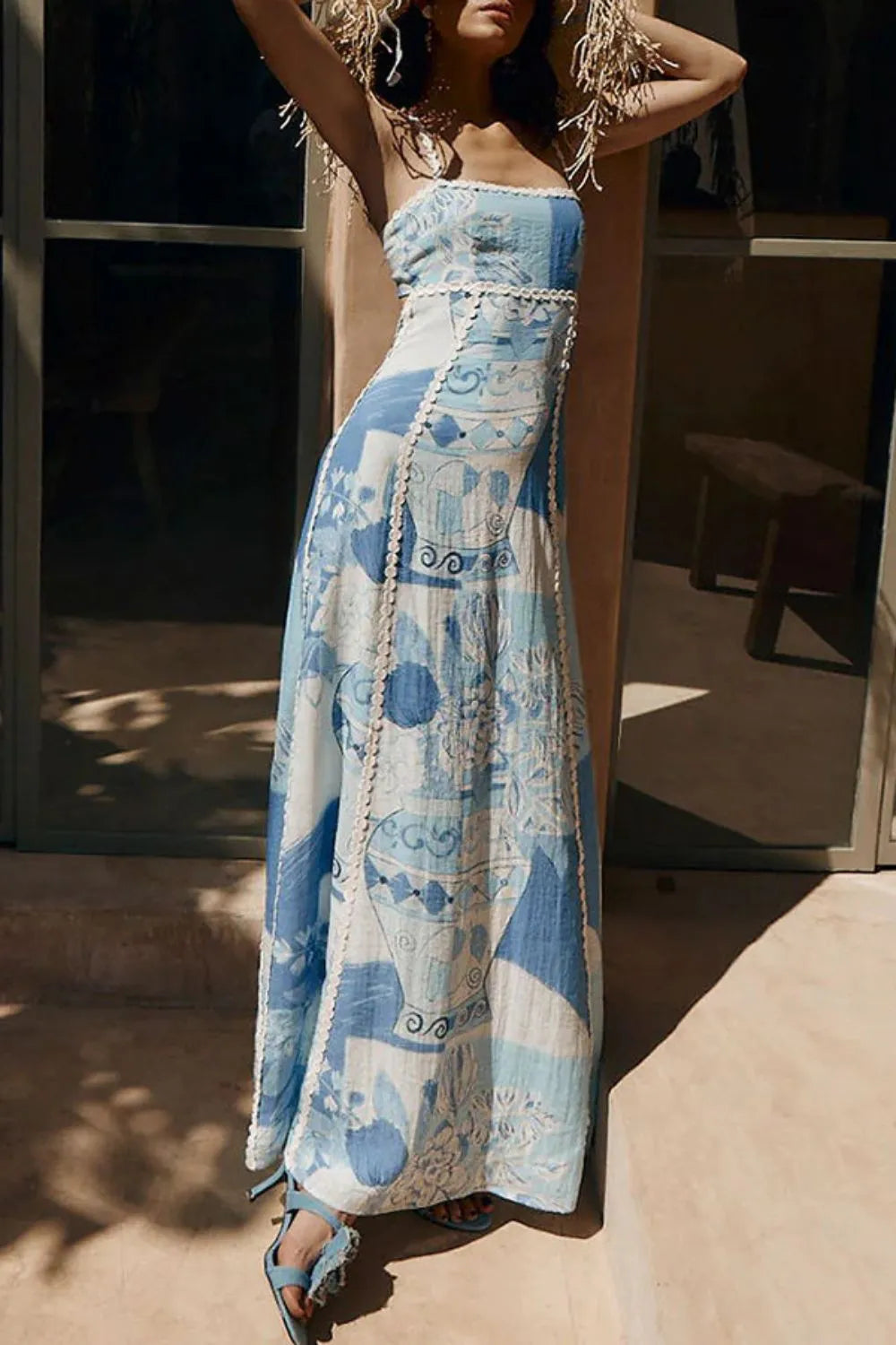Cutout Back Printed Square Neck Maxi Dress with Tied Detail.
