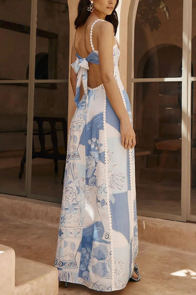 Cutout Back Printed Square Neck Maxi Dress with Tied Detail.