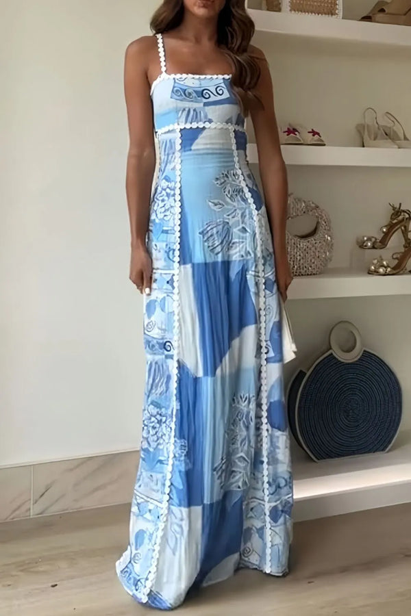 Cutout Back Printed Square Neck Maxi Dress with Tied Detail.