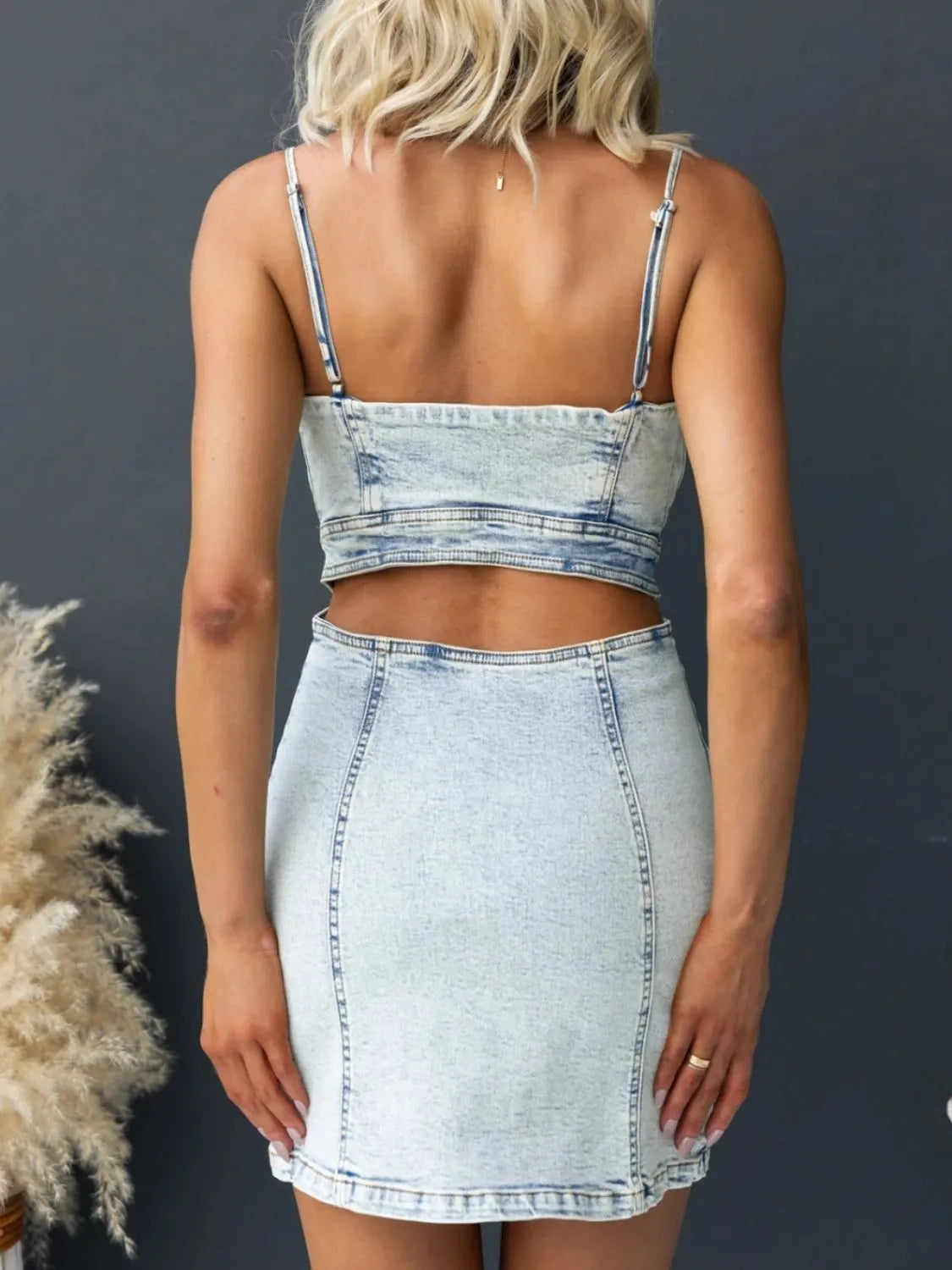 Cutout Back Sweetheart Neck Denim Cami Dress.