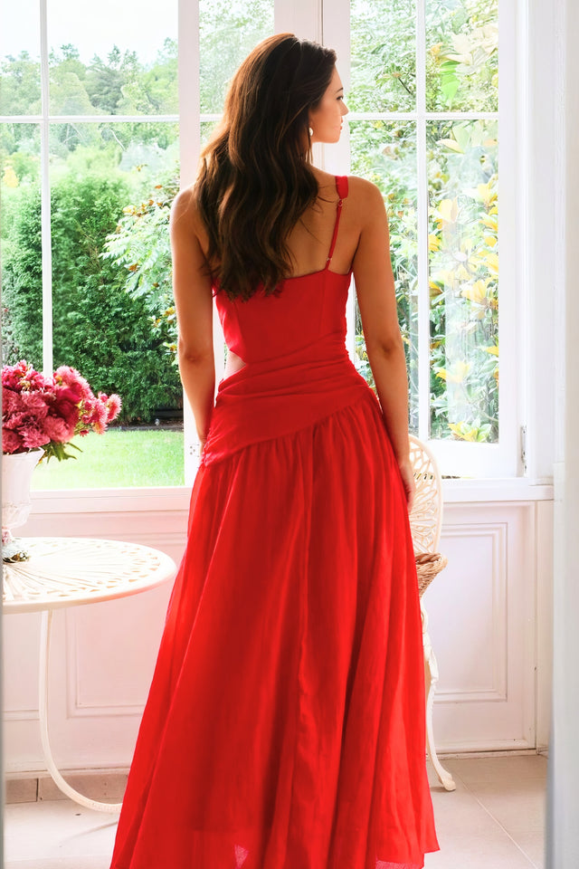 Cutout Back V-Neck Dress with Ruched Detail.