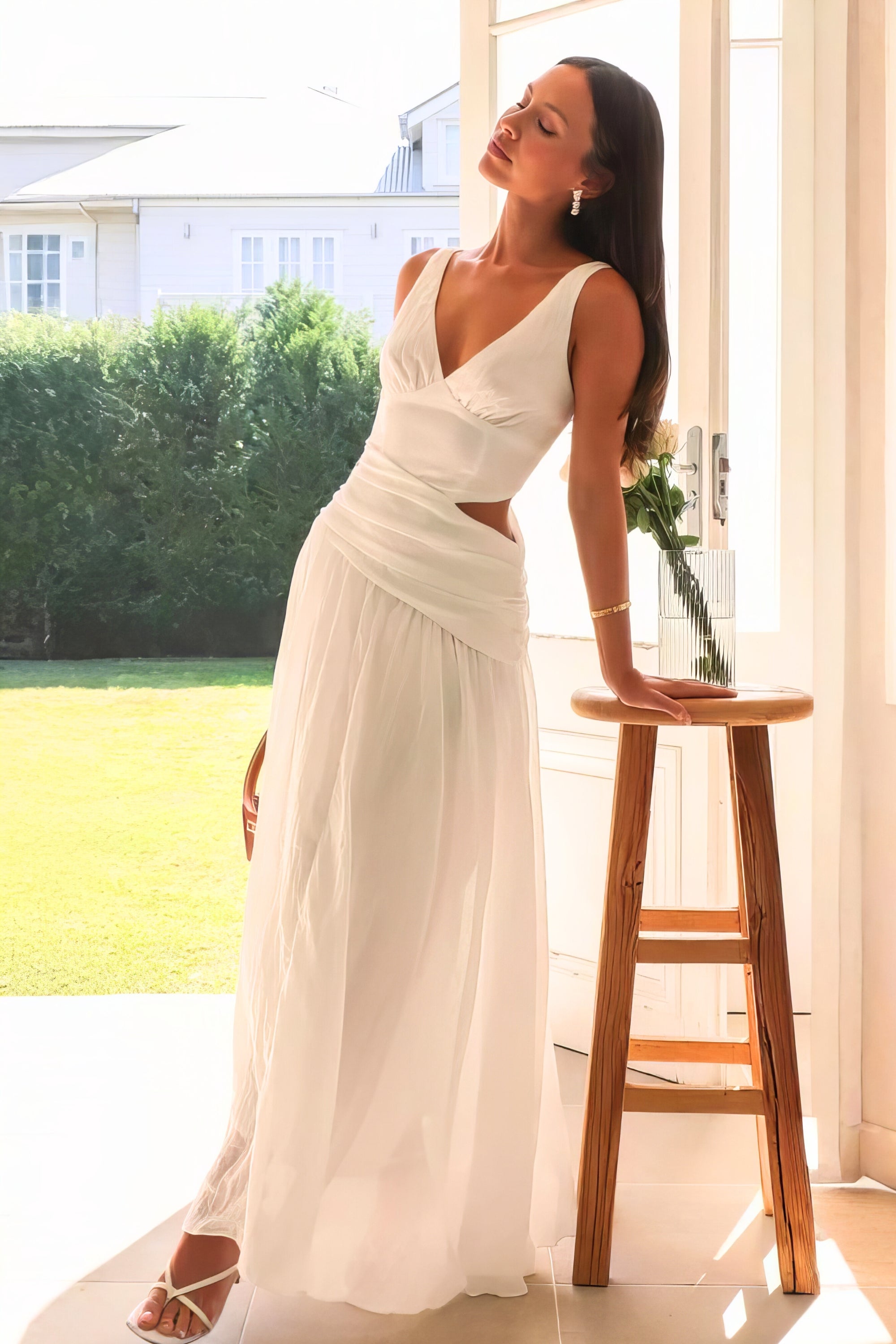 Cutout Back V-Neck Dress with Ruched Detail.