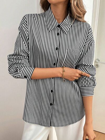 Cutout bow back striped collared neck long sleeve shirt.