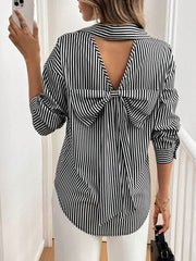 Cutout bow back striped collared neck long sleeve shirt.