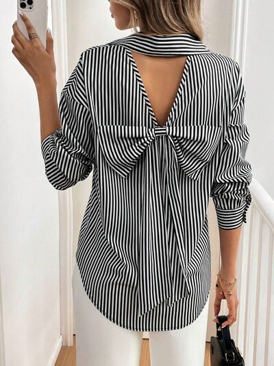 Cutout bow back striped collared neck long sleeve shirt.