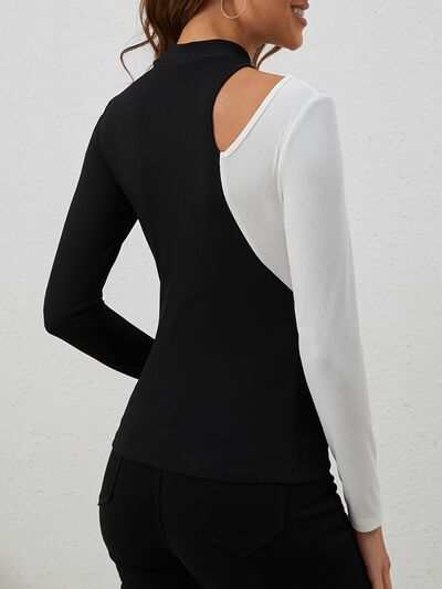 Cutout contrast mock neck long sleeve t-shirt.