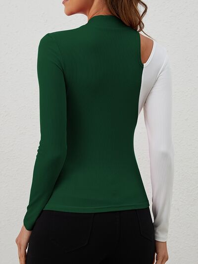 Cutout contrast mock neck long sleeve t-shirt.
