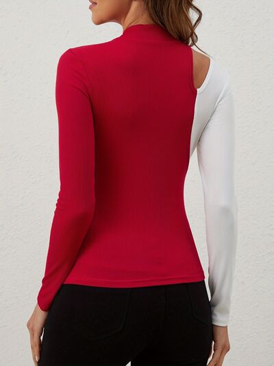 Cutout contrast mock neck long sleeve t-shirt.