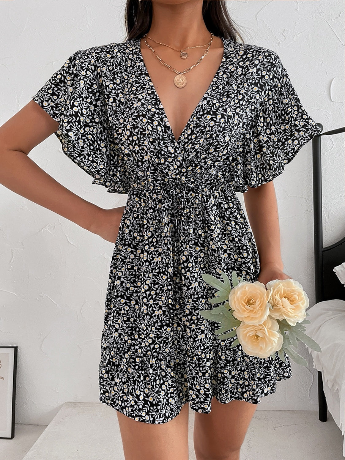 Cutout Ditsy Floral Surplice Flounce Sleeve Dress.