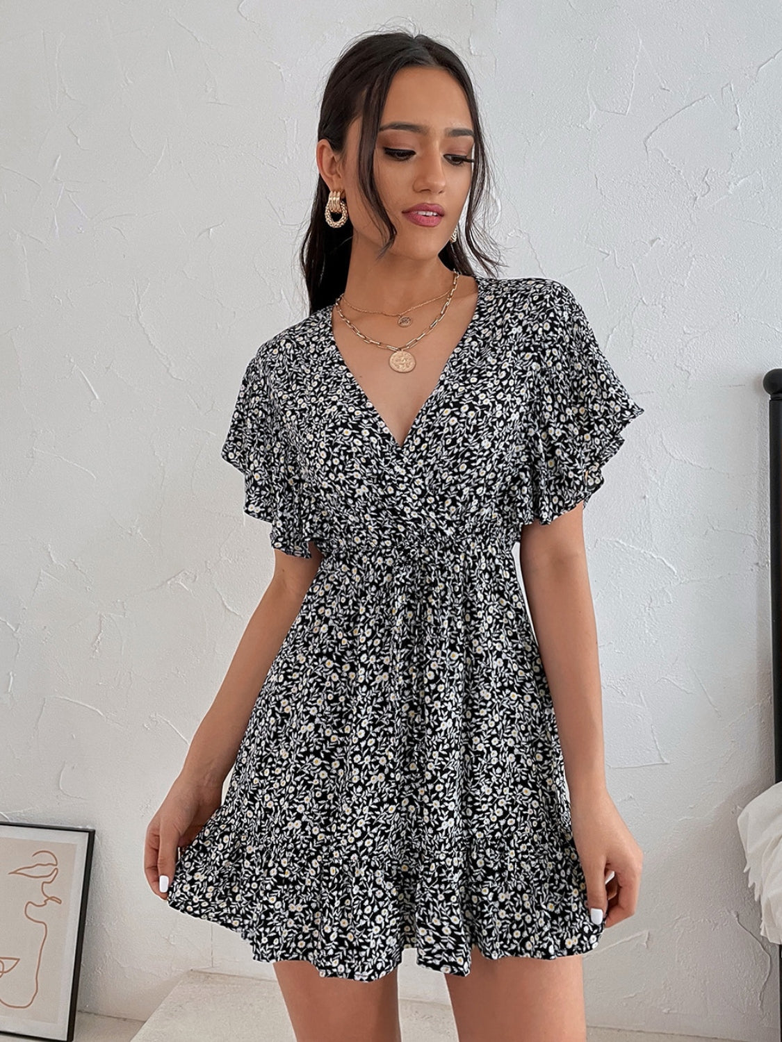Cutout Ditsy Floral Surplice Flounce Sleeve Dress.