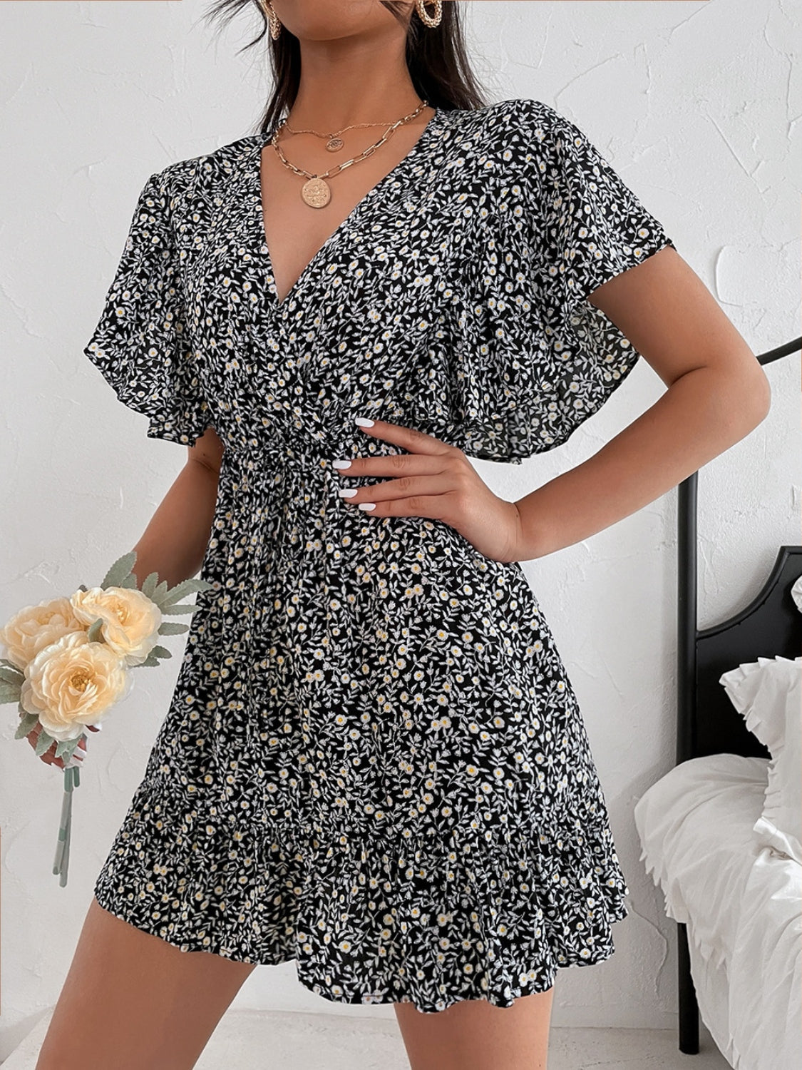 Cutout Ditsy Floral Surplice Flounce Sleeve Dress.