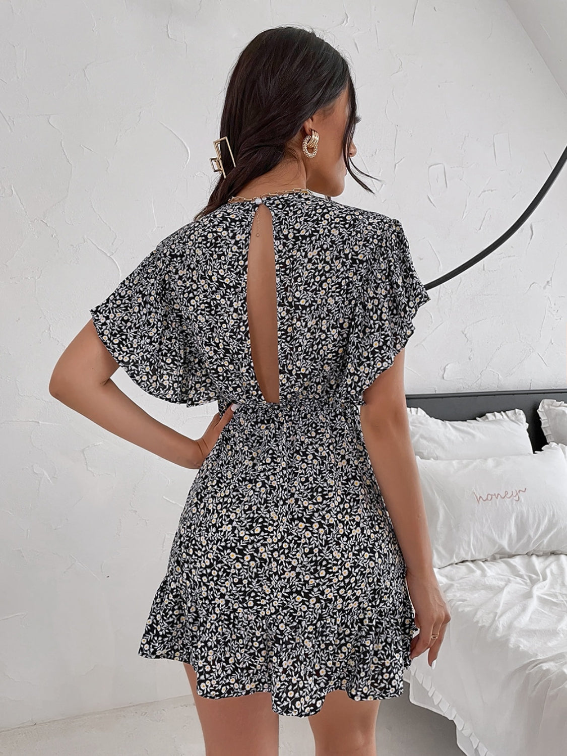 Cutout Ditsy Floral Surplice Flounce Sleeve Dress.