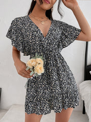Cutout Ditsy Floral Surplice Flounce Sleeve Dress.