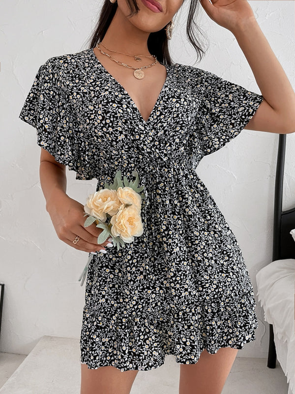 Cutout Ditsy Floral Surplice Flounce Sleeve Dress.