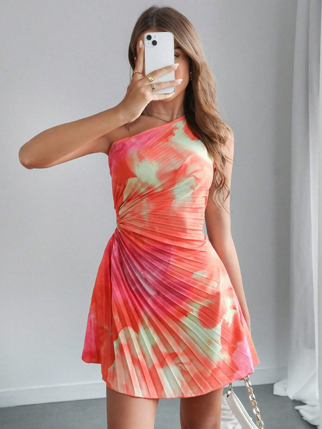 Cutout Drawstring Pleated Tie-Dye Sleeveless Mini Dress with Tied Detail.
